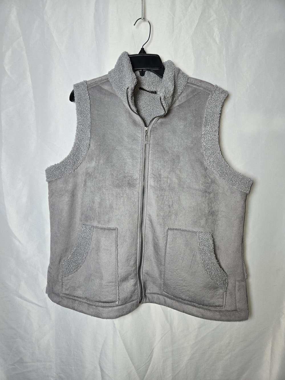 Susan Graver Light Gray Sherpa-Trim Zip Front Vest